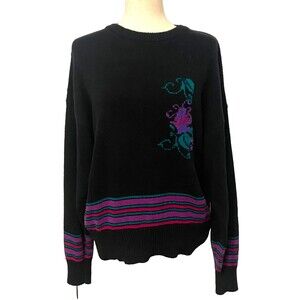 Vtg YORK FAIR Women's L Knit Crew Neck Sweater Black Purple Floral Wool Blend